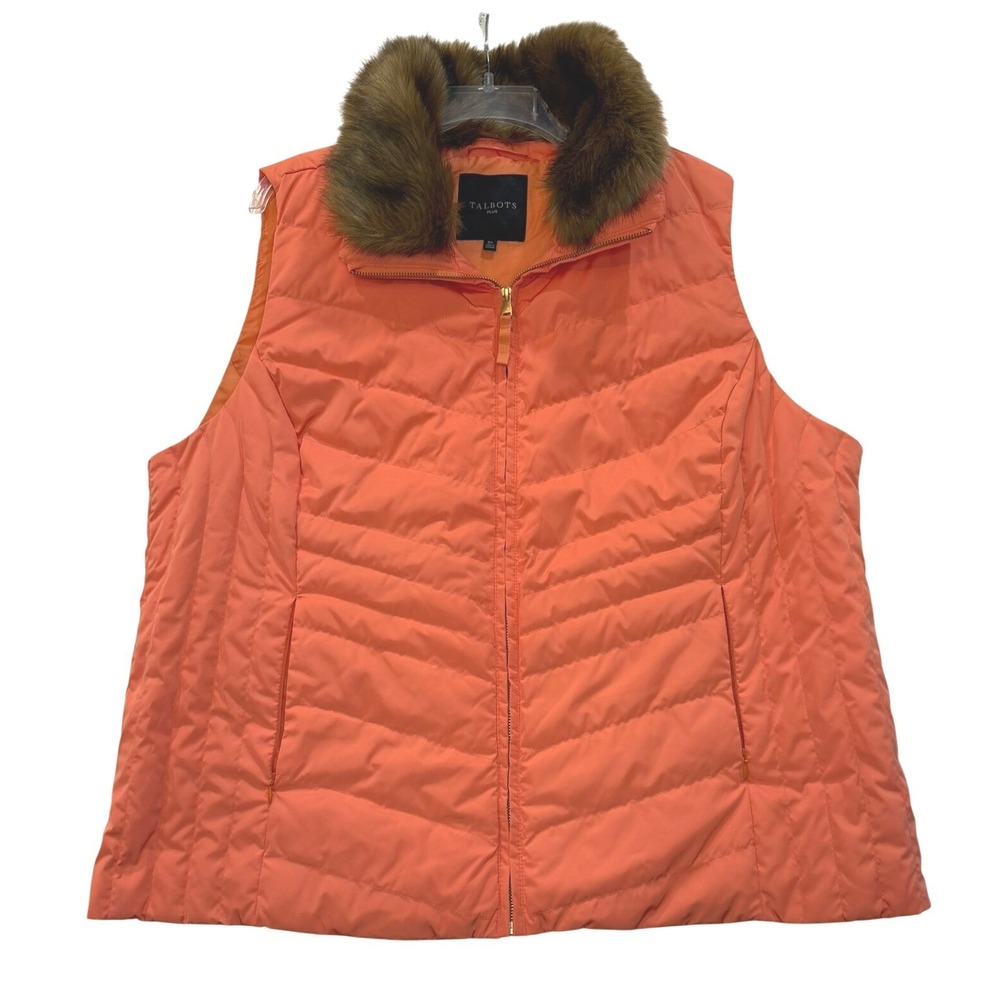 Talbots Plus Womens 2X Coral Orange Down Puffer Vest Faux Fur‎ Collar Quilted